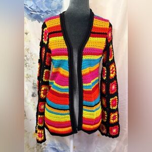 Copper Key Multicolor Crochet Cardigan Black Trim Granny Knit Square boutique